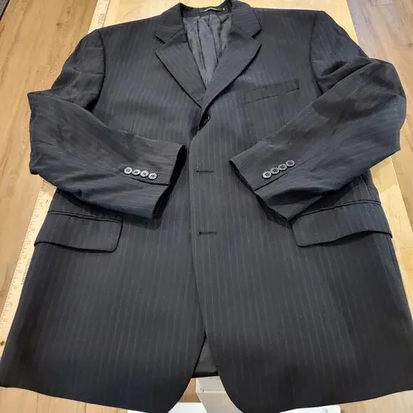 DKNY Black Pinstripe 100% Wool Suit jacket 32 Long 25 P2P